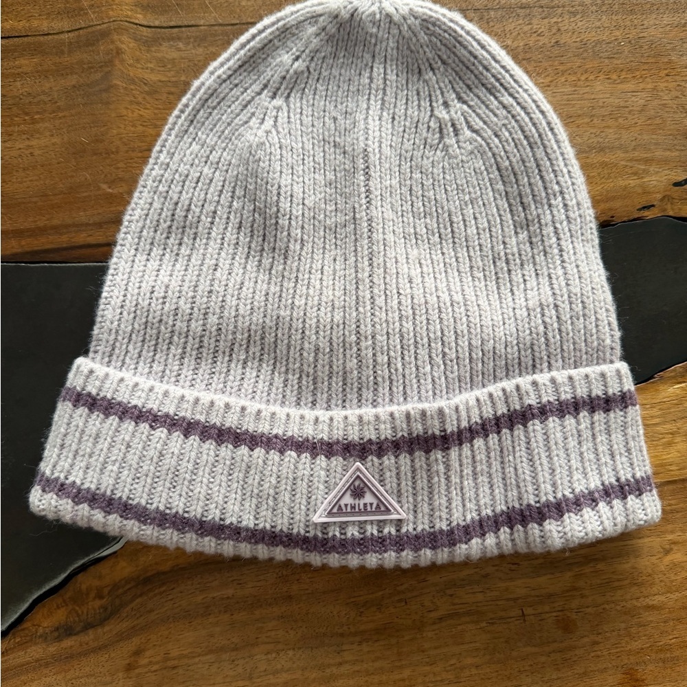 Athleta Pale Lilac Knit Beanie with Purple Stripes
